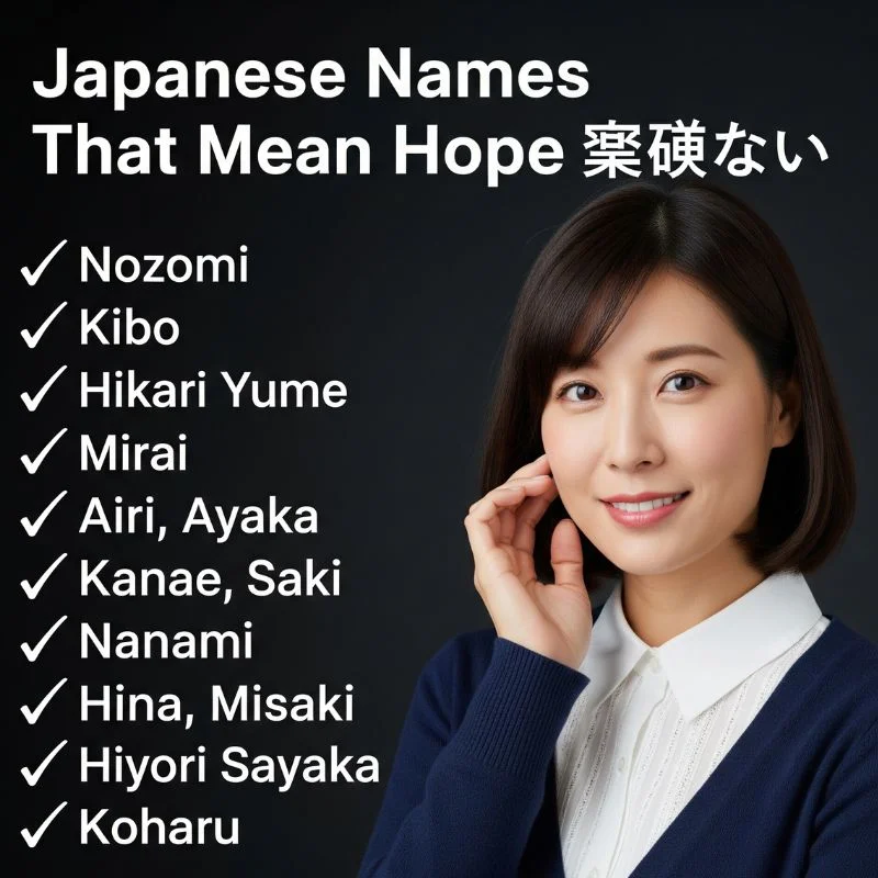 Soft pastel graphic featuring Japanese names like Nozomi and Hikari under a rising sun