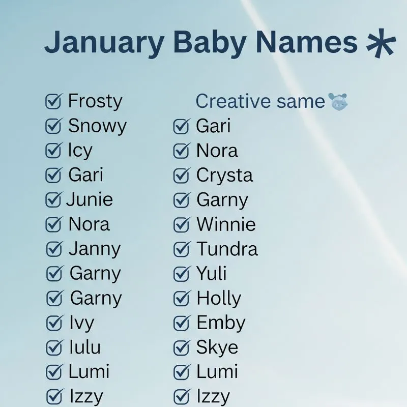 Baby onesies labeled with names like Winter, Holly, and Orion set against a snowy background