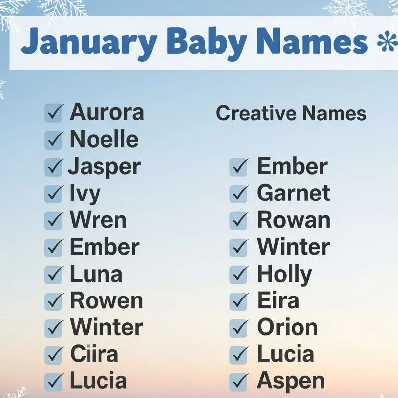 Adorable baby in a knitted hat with snowflakes and “January Baby Names” sign beside