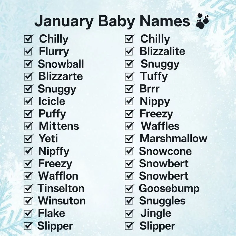 Snow-covered baby shoes beside a name list of January-inspired baby names