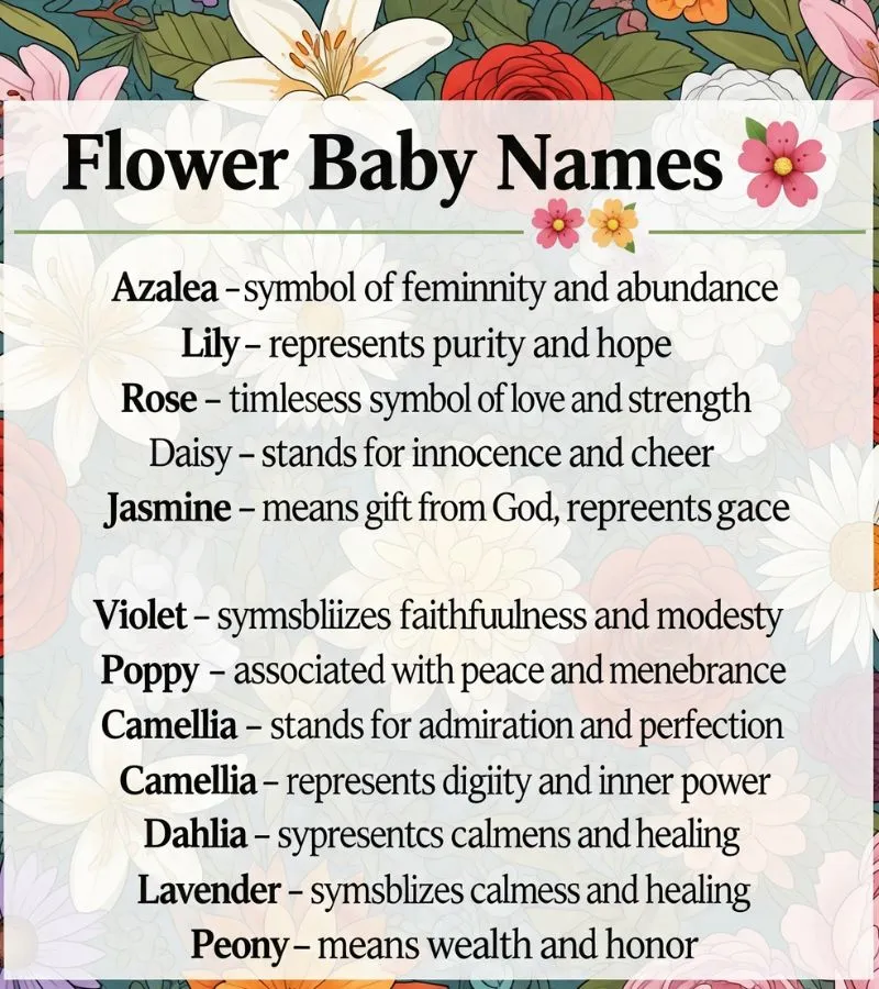 Delicate wildflowers with name meanings written beside them