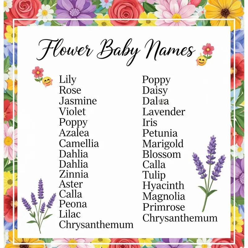 Floral baby name suggestions shown in watercolor-style artwork