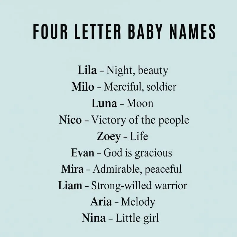 Flat lay of baby essentials with a notebook listing four-letter names for boys